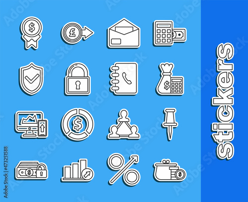 Set line Wallet with coins, Push pin, Calculator money bag, Envelope, Lock, Shield check mark, Reward for good work and Address book icon. Vector