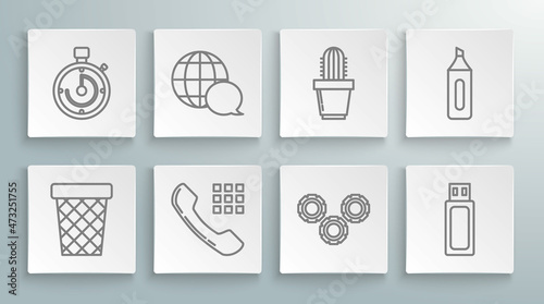 Set line Trash can, World map made from speech bubble, Telephone handset, Gear, USB flash drive, Cactus succulent in pot, Marker pen and Briefcase icon. Vector