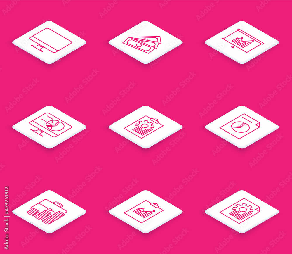 Set line Computer monitor screen, Stacks paper money cash, Board with graph chart, Clipboard, Document, Briefcase and coin and icon. Vector Set line Computer monitor screen, Stacks paper money cash, Board with graph chart, Clipboard, Document, Briefcase and coin and icon. Vector