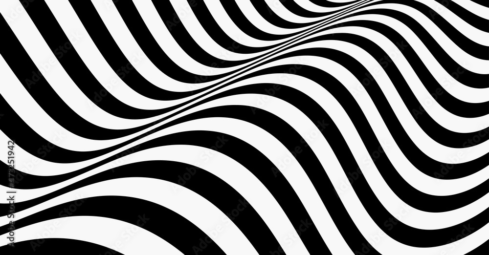 Black and white design. Pattern with optical illusion. Abstract striped background. Vector illustration.