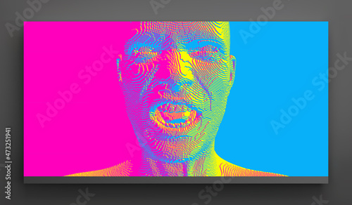 Furious screaming man. Emotional scream of a man with open shouting mouth. Demon face. People and emotions concept. Voxel art. 3D vector illustration.