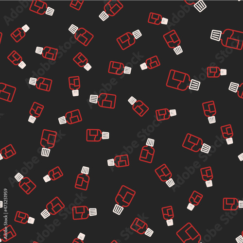 Line Mouthwash plastic bottle icon isolated seamless pattern on black background. Liquid for rinsing mouth. Oralcare equipment. Vector