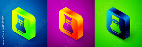 Isometric Pour over coffee maker icon isolated on blue, purple and green background. Alternative methods of brewing coffee. Coffee culture. Square button. Vector
