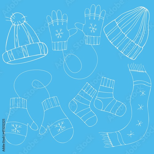 Vector Seamless pattern with doodle winter clothing hats, socks, mittens, scarf
