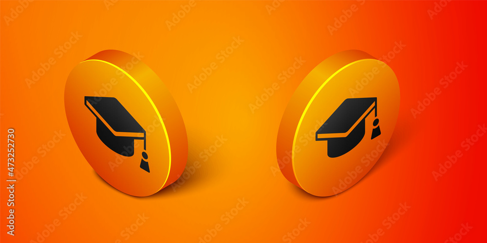Isometric Graduation cap icon isolated on orange background. Graduation hat with tassel icon. Orange circle button. Vector Isometric Graduation cap icon isolated on orange background. Graduation hat with tassel icon. Orange circle button. Vector