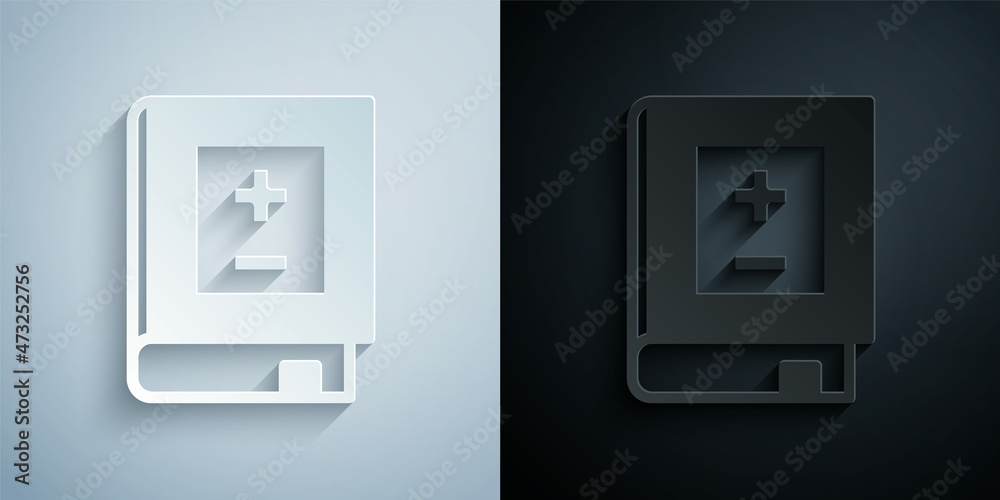 Paper cut Book with mathematics icon isolated on grey and black background. Math book. Education concept about back to school. Paper art style. Vector Paper cut Book with mathematics icon isolated on grey and black background. Math book. Education concept about back to school. Paper art style. Vector