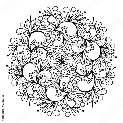 COLORING BOOK FOR ADULTS WITH A ROUND PLANT MANDALA ON A WHITE BACKGROUND IN VECTOR