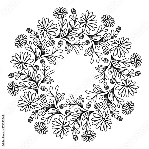 COLORING BOOK FOR ADULTS WITH A ROUND FLORAL MANDALA ON A WHITE BACKGROUND IN VECTOR