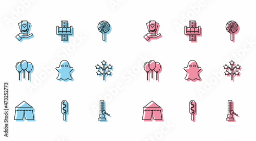 Set line Circus tent, Corn dog, Hand holding playing cards, High striker attraction with big hammer, Ghost, Fireworks, Balloons ribbon and Attraction carousel icon. Vector