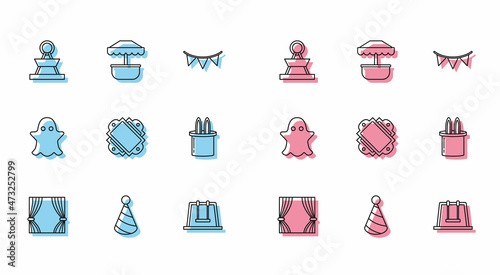 Set line Curtain  Party hat  Attraction carousel  Swing  Ticket  Magician and rabbit ears  Ghost and icon. Vector