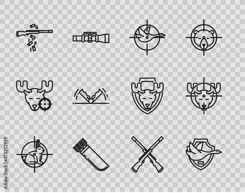 Set line Hunt on rabbit with crosshairs, Flying duck shield, Quiver arrows, Gun shooting, Trap hunting, Two crossed shotguns and moose icon. Vector