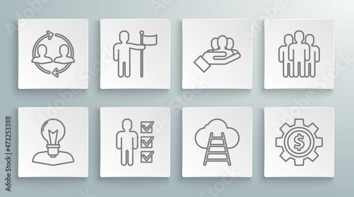 Set line Human head with lamp bulb, Man holding flag, User of business suit, Ladder leading to cloud, Gear dollar symbol, Project team base, Users group and resources icon. Vector