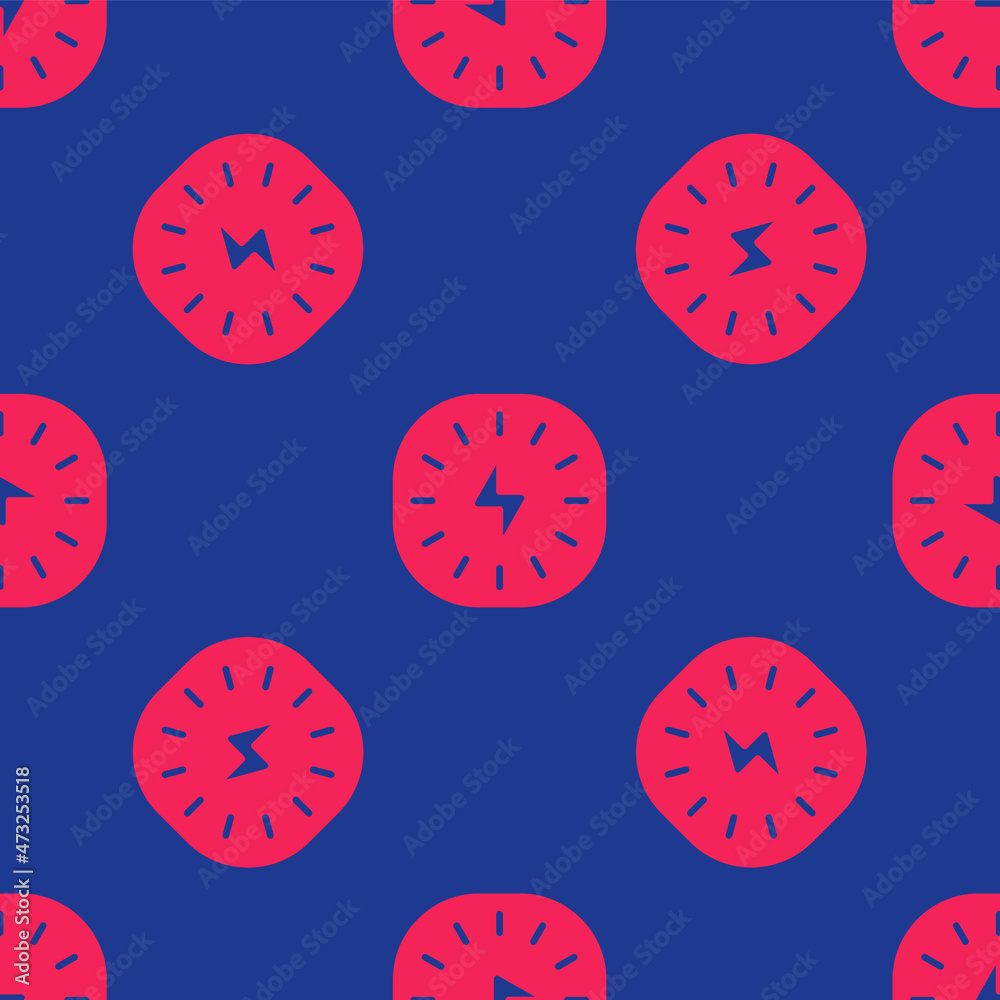 Fototapeta premium Red Lightning bolt icon isolated seamless pattern on blue background. Flash sign. Charge flash icon. Thunder bolt. Lighting strike. Vector