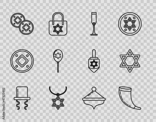 Set line Orthodox jewish hat with sidelocks, Traditional ram horn, shofar, Jewish goblet, Star David necklace chain, coin, Balloons ribbon star david, Hanukkah dreidel and icon. Vector