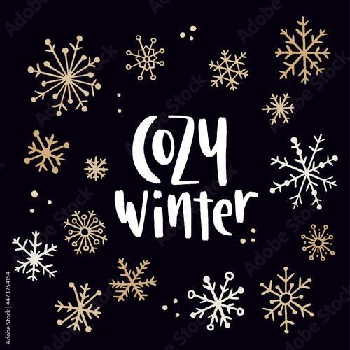 Christmas and New Year quote. Trendy style lettering and flat hand drawn winter holiday symbols and decoration.