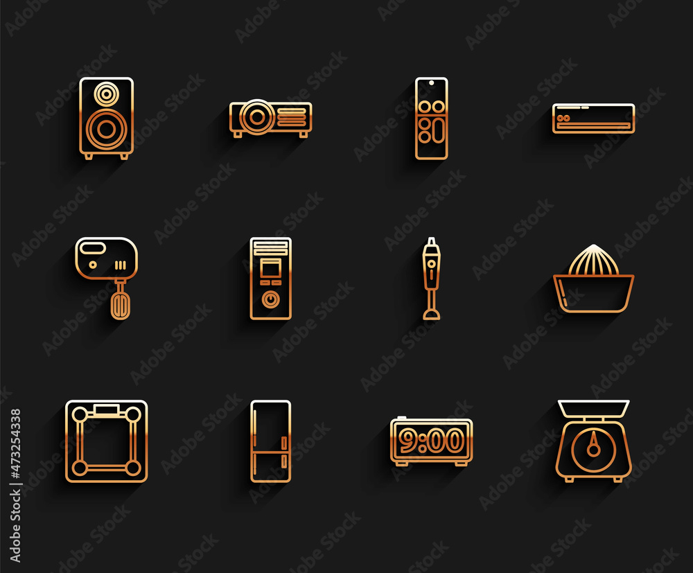 Set line Bathroom scales, Refrigerator, Stereo speaker, Digital alarm clock, Scales, Remote control, Citrus fruit juicer and Blender icon. Vector Set line Bathroom scales, Refrigerator, Stereo speaker, Digital alarm clock, Scales, Remote control, Citrus fruit juicer and Blender icon. Vector