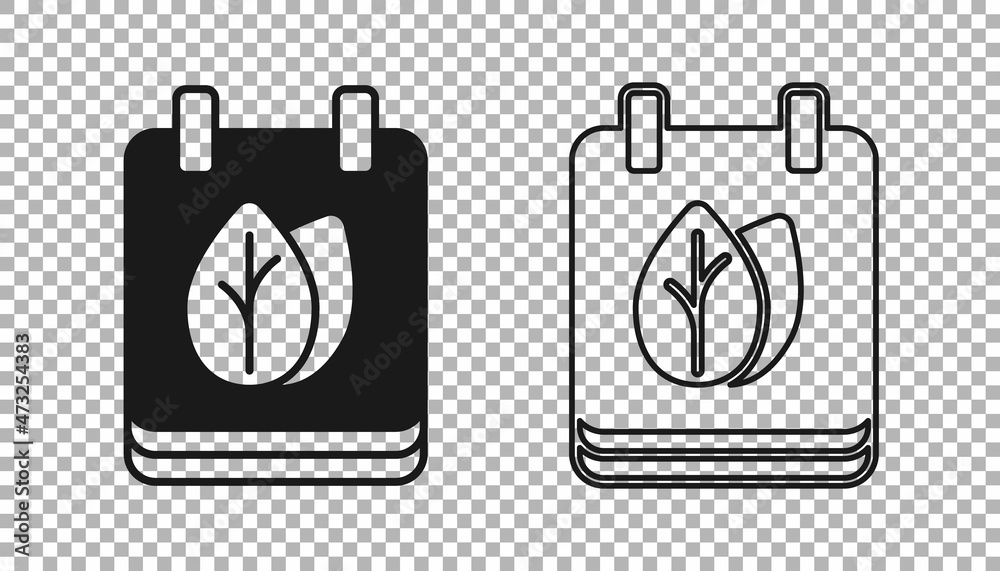 Black Calendar with autumn leaves icon isolated on transparent background. Vector