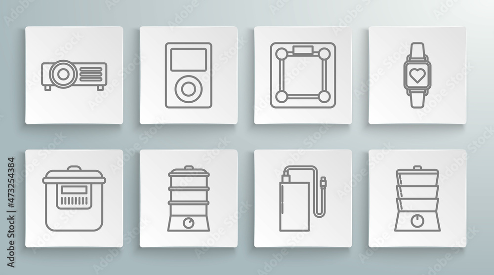 Set line Slow cooker, Music player, Double boiler, Power bank with different charge cable, Bathroom scales, Smart watch showing heart beat rate and icon. Vector Set line Slow cooker, Music player, Double boiler, Power bank with different charge cable, Bathroom scales, Smart watch showing heart beat rate and icon. Vector