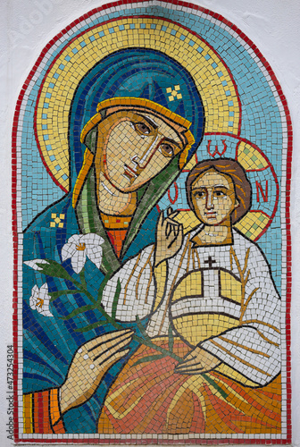 A mosaic icon representing the mother of the Lord with baby Jesus in her hands at the Zamfira monastery - Romania