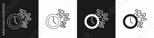 Set Alarm clock icon isolated on black and white background. Wake up, get up concept. Time sign. Vector