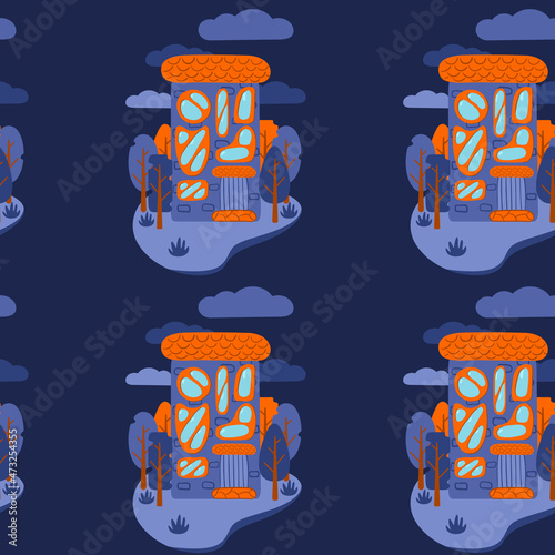 A pattern of multi-colored flat art nouveau houses. House with unusual windows. Colorful landscape with trees and clouds. EPS 10 without transparencies.