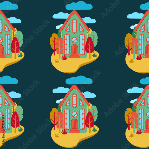 A pattern of multi-colored flat art nouveau houses. House with unusual windows. Colorful landscape with trees and clouds. EPS 10 without transparencies.