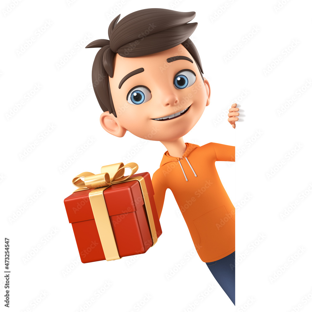 Cartoon character boy in an orange sweatshirt with a gift on a white background. 3d render illustration. Cartoon character boy in an orange sweatshirt with a gift on a white background. 3d render illustration.