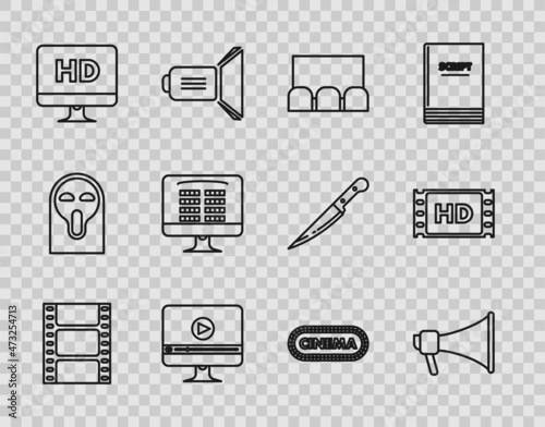 Set line Play Video, Megaphone, Online play video, Computer PC monitor with HD technology, Buy cinema ticket online, Cinema poster design template and 4k movie, tape, frame icon. Vector