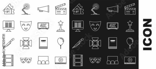 Set line Online play video, Balloon with ribbon, Movie trophy, Megaphone, Comedy theatrical mask, Buy cinema ticket online, Cinema and icon. Vector