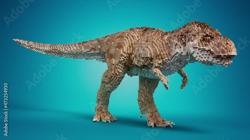 Toy blocks. Dinosaur figure from toy bricks on a blue studio background. 3d render animation.