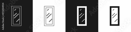 Set Big full length mirror for bedroom, shops, backstage icon isolated on black and white background. Vector