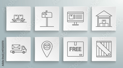 Set line Post truck, Open mail box, Placeholder on map paper, Cardboard with free symbol, Wooden, Computer monitor app delivery tracking, Warehouse and Railway carriage icon. Vector