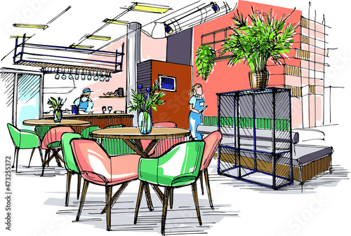 View of the cafe interior - hand-drawn sketch