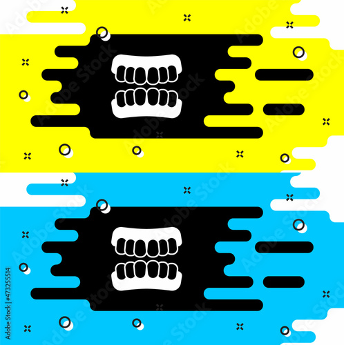 White Dentures model icon isolated on black background. Teeth of the upper jaw. Dental concept. Vector