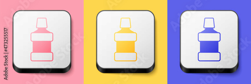 Isometric Mouthwash plastic bottle icon isolated on pink, yellow and blue background. Liquid for rinsing mouth. Oralcare equipment. Square button. Vector