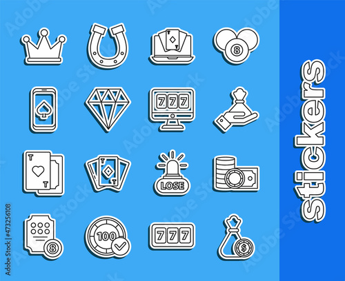 Set line Money bag and casino chips, Casino stacks money cash, Hand holding, Online poker table game, Diamond, Crown and slot machine with lucky sevens jackpot icon. Vector