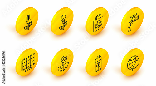 Set line Earth globe and leaf, Recycling plastic bottle, Solar energy panel, Water tap, Paper shopping bag with recycle, Light bulb and icon. Vector