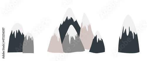 Set of drawings of mountains in the Scandinavian style isolated on a white background. Mountain landscape, kids room design, Scandinavian decor, fashionable, modern print, wallpaper