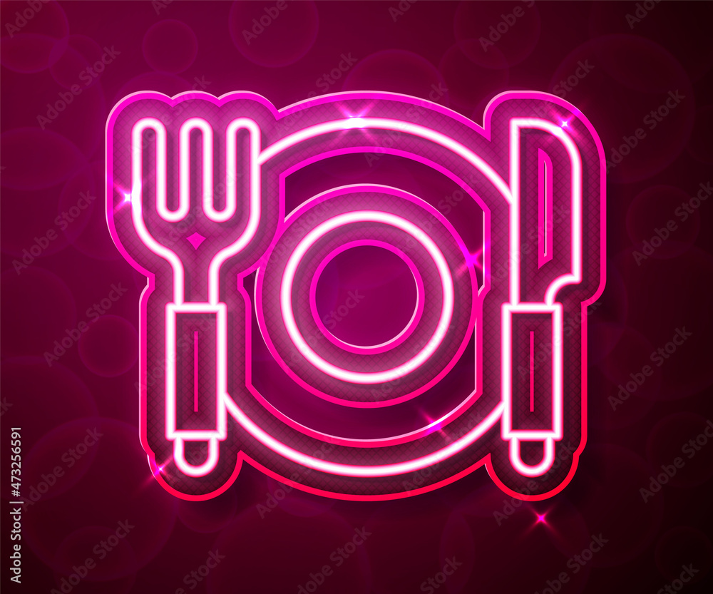 Glowing neon line Plate, fork and knife icon isolated on red background. Cutlery symbol. Restaurant sign. Vector Glowing neon line Plate, fork and knife icon isolated on red background. Cutlery symbol. Restaurant sign. Vector