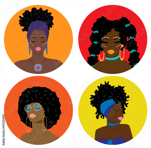 Portrait of a beautiful woman. Cartoon girl wearing blue head. Modern afro american girl with curly hair.