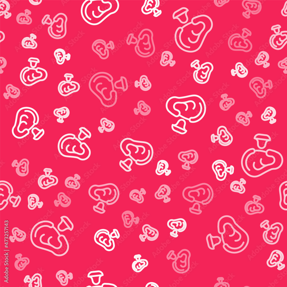White line Earplugs and ear icon isolated seamless pattern on red background. Ear plug sign. Noise symbol. Sleeping quality concept. Vector White line Earplugs and ear icon isolated seamless pattern on red background. Ear plug sign. Noise symbol. Sleeping quality concept. Vector