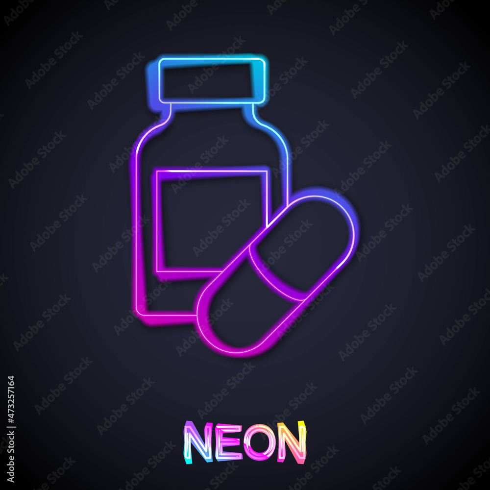 Glowing neon line Sleeping pill icon isolated on black background. Vector Glowing neon line Sleeping pill icon isolated on black background. Vector