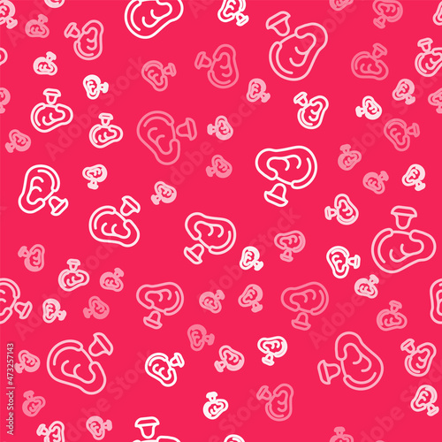 White line Earplugs and ear icon isolated seamless pattern on red background. Ear plug sign. Noise symbol. Sleeping quality concept. Vector