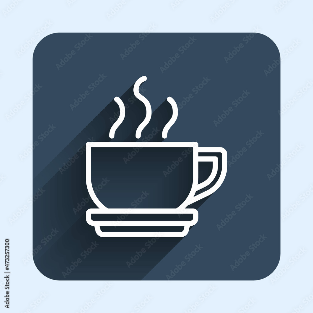 White line Coffee cup icon isolated with long shadow background. Tea cup. Hot drink coffee. Blue square button. Vector White line Coffee cup icon isolated with long shadow background. Tea cup. Hot drink coffee. Blue square button. Vector