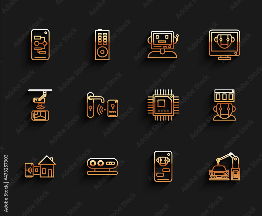 Set line Smart home, Algorithm, Bot, Industrial machine robotic robot arm hand, Digital door lock with wireless technology for unlock, Robot and Processor microcircuits CPU icon. Vector Set line Smart home, Algorithm, Bot, Industrial machine robotic robot arm hand, Digital door lock with wireless technology for unlock, Robot and Processor microcircuits CPU icon. Vector