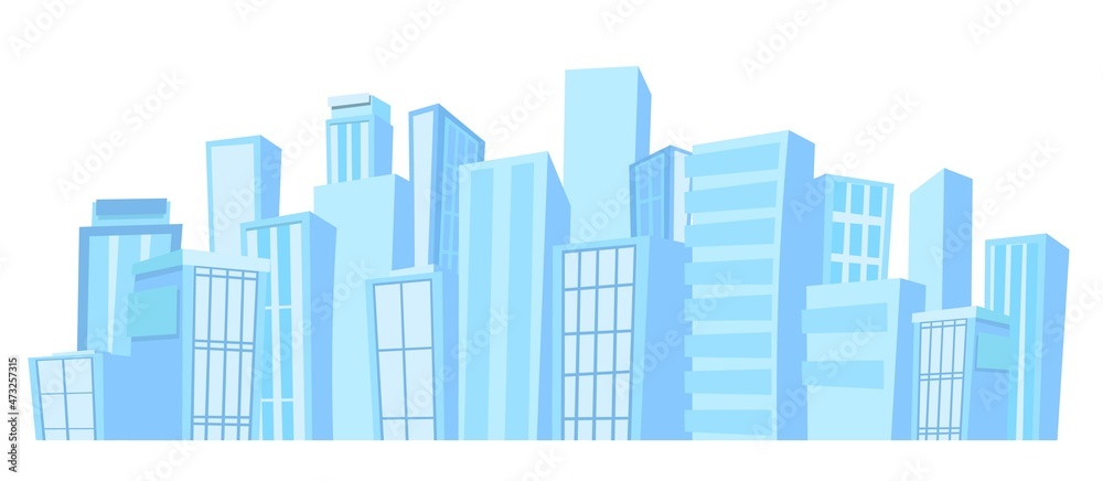 Big light city from afar. Skyscrapers and large buildings. Cartoon flat style illustration. Blue city landscape Cityscape. Horizontal composition. Vector.