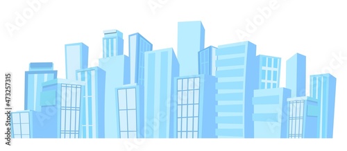 Big light city from afar. Skyscrapers and large buildings. Cartoon flat style illustration. Blue city landscape Cityscape. Horizontal composition. Vector.