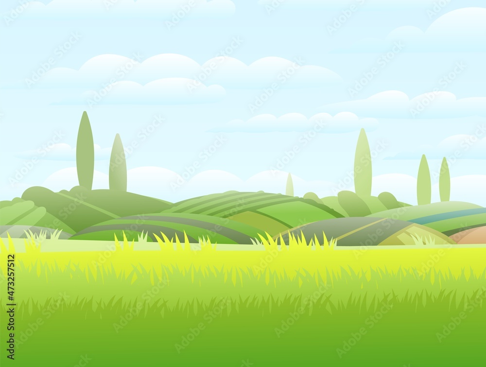 Rural grass field. Vegetables and grassy hills. Farm cute landscape with  poplars. Funny cartoon design illustration. Summer pretty sky. Flat style.  Vector. Stock Vector | Adobe Stock