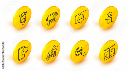 Set line Cable car, Magnifying glass and taxi, Map pointer with, Taxi call telephone service, Folded map location marker, Bus and Scooter icon. Vector