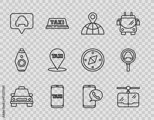 Set line Taxi car, Cable, Location on the globe, call telephone service, Map pointer with taxi, and Magnifying glass and icon. Vector